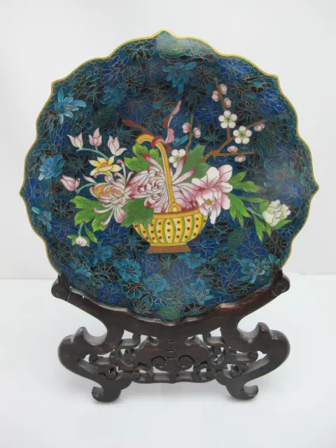 Chinese Cloisonne Flower Basket Design Decorative Plate Custom Wood Stand, photo 1 of 11