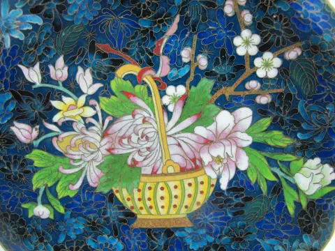 Chinese Cloisonne Flower Basket Design Decorative Plate Custom Wood Stand, photo 2 of 11