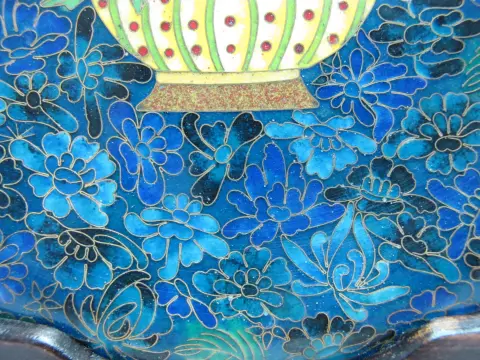 Chinese Cloisonne Flower Basket Design Decorative Plate Custom Wood Stand, photo 3 of 11