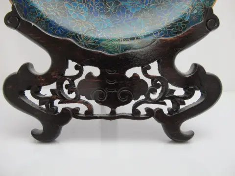 Chinese Cloisonne Flower Basket Design Decorative Plate Custom Wood Stand, photo 4 of 11