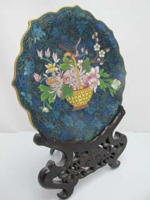 Chinese Cloisonne Flower Basket Design Decorative Plate Custom Wood Stand, photo 5 of 11