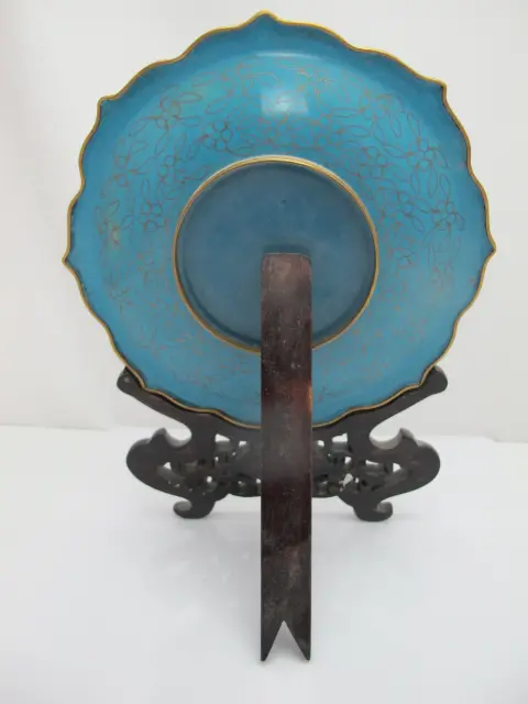 Chinese Cloisonne Flower Basket Design Decorative Plate Custom Wood Stand, photo 7 of 11