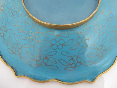 Chinese Cloisonne Flower Basket Design Decorative Plate Custom Wood Stand, photo 10 of 11