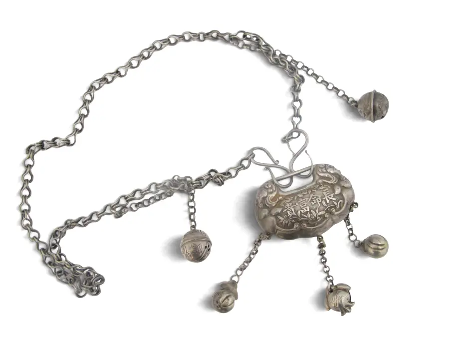 Chinese LONGEVITY Spirit Lock Pure Silver Pendant Dangle Necklace
