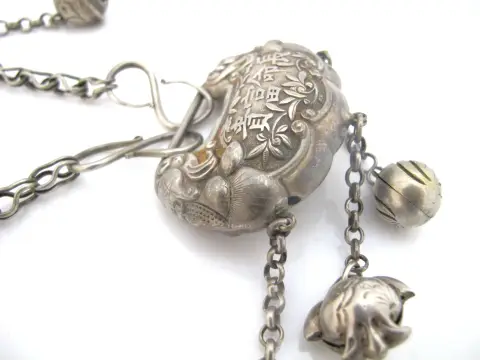 Chinese Longevity Spirit Lock Pure Silver Pendant Dangle Necklace, photo 3 of 12