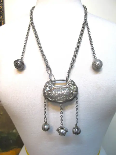 Chinese Longevity Spirit Lock Pure Silver Pendant Dangle Necklace, photo 7 of 12