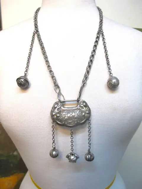 Chinese Longevity Spirit Lock Pure Silver Pendant Dangle Necklace, photo 8 of 12