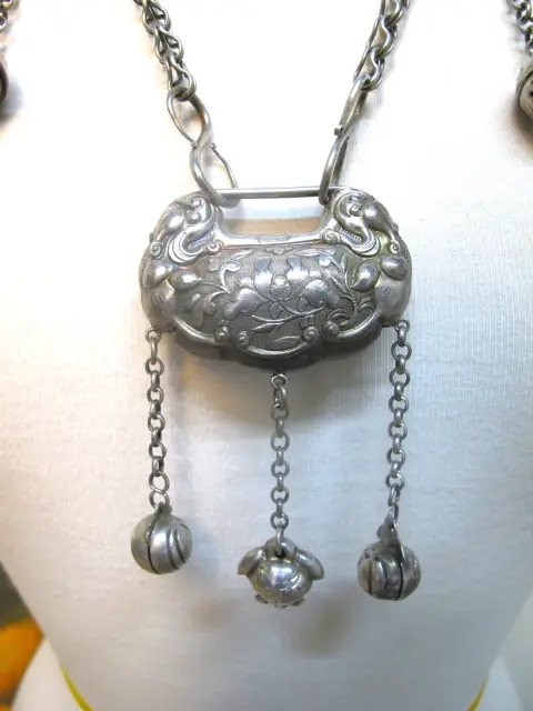 Chinese Longevity Spirit Lock Pure Silver Pendant Dangle Necklace, photo 9 of 12