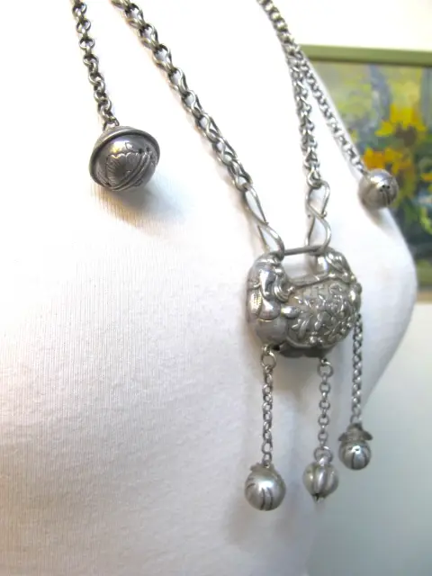 Chinese Longevity Spirit Lock Pure Silver Pendant Dangle Necklace, photo 10 of 12