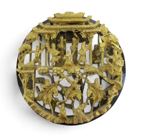 Chinese Ornate Carved Battle Scene Gilt Lacquer Wood Medallion Wall Panel, photo 1 of 8