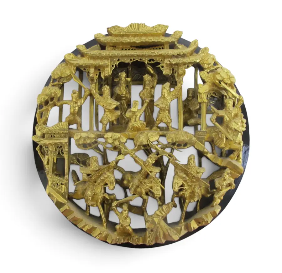 Chinese Ornate Carved BATTLE SCENE Gilt Lacquer Wood Medallion Wall Panel