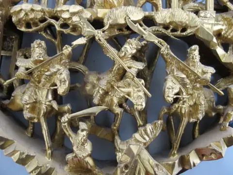 Chinese Ornate Carved Battle Scene Gilt Lacquer Wood Medallion Wall Panel, photo 3 of 8