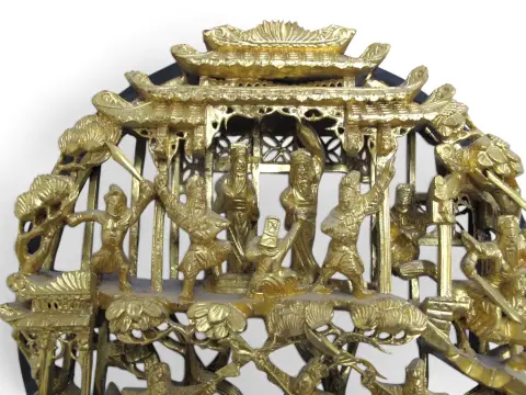 Chinese Ornate Carved Battle Scene Gilt Lacquer Wood Medallion Wall Panel, photo 7 of 8
