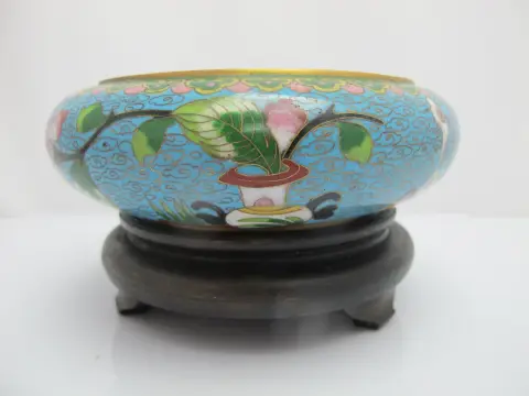 Chinese Turquoise Cloisonne Vase Flower Brush Washer Bowl Custom Stand, photo 1 of 12