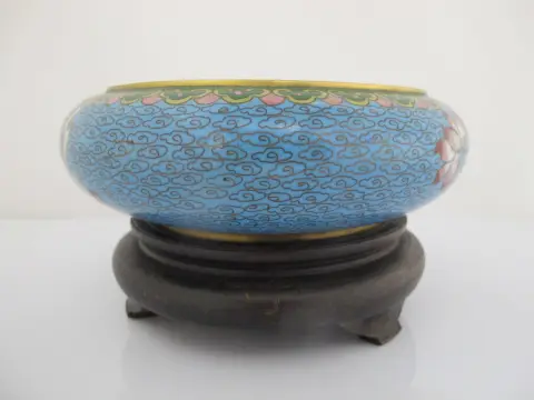 Chinese Turquoise Cloisonne Vase Flower Brush Washer Bowl Custom Stand, photo 9 of 12