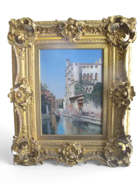 Federico Del Campo Ornate Gilt Frame Venice Canal Antique Oil Painting, photo 1 of 10