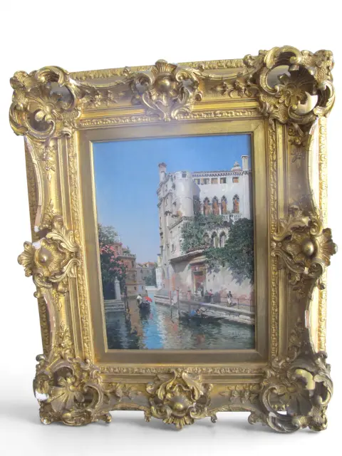 Federico Del Campo Ornate Gilt Frame Venice Canal Antique Oil Painting, photo 2 of 10