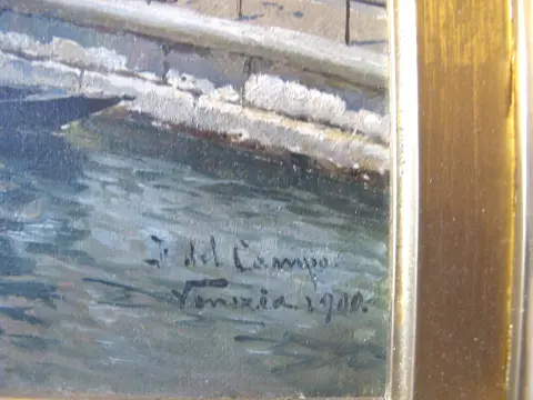 Federico Del Campo Ornate Gilt Frame Venice Canal Antique Oil Painting, photo 4 of 10