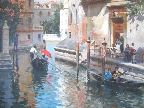 Federico Del Campo Ornate Gilt Frame Venice Canal Antique Oil Painting, photo 5 of 10