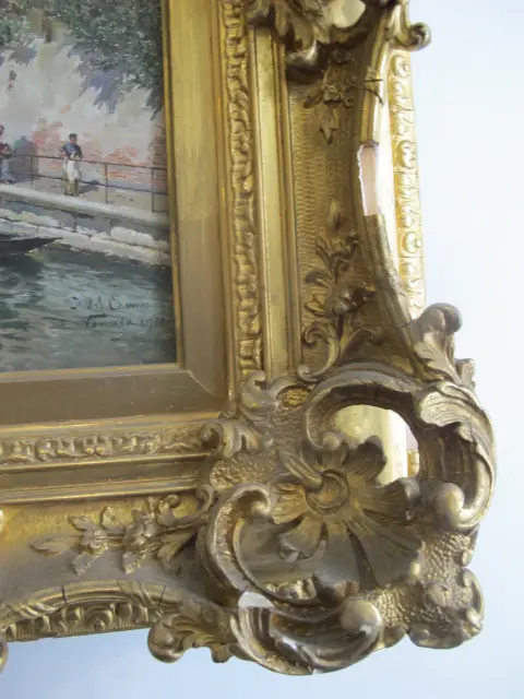 Federico Del Campo Ornate Gilt Frame Venice Canal Antique Oil Painting, photo 8 of 10