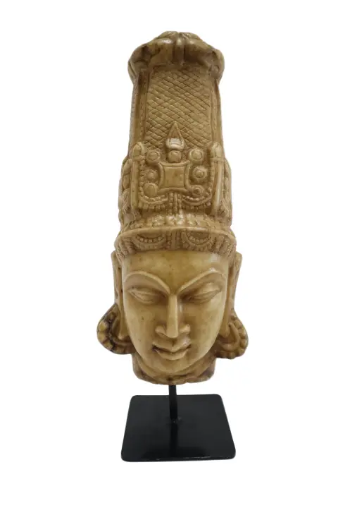 Hand Carved Stone Head of Indian Deity Statue on Stand, photo 1 of 12
