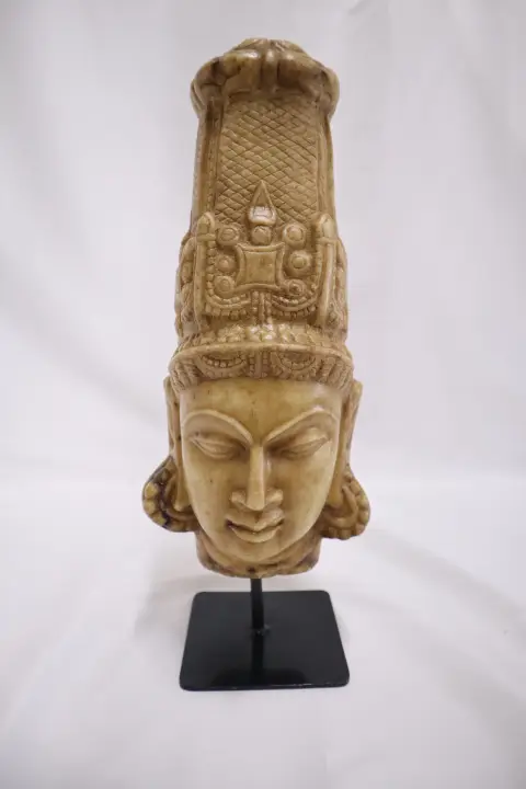 Hand Carved Stone Head of Indian Deity Statue on Stand, photo 2 of 12