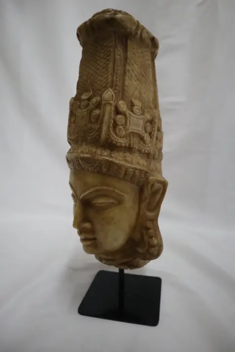 Hand Carved Stone Head of Indian Deity Statue on Stand, photo 3 of 12