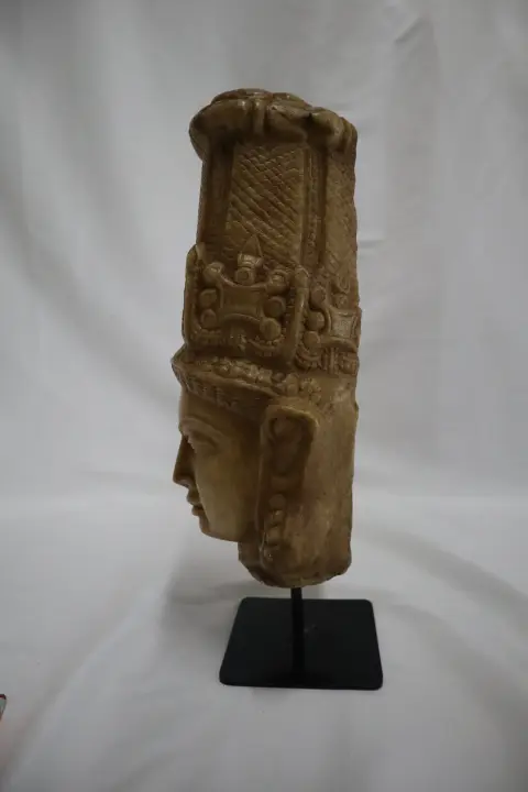 Hand Carved Stone Head of Indian Deity Statue on Stand, photo 4 of 12