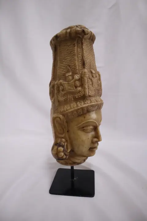 Hand Carved Stone Head of Indian Deity Statue on Stand, photo 8 of 12