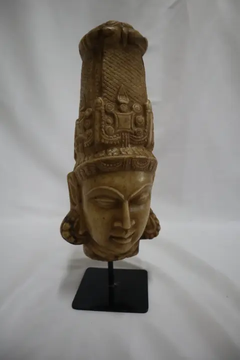 Hand Carved Stone Head of Indian Deity Statue on Stand, photo 9 of 12