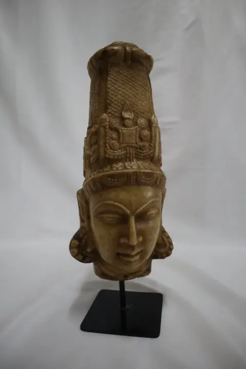 Hand Carved Stone Head of Indian Deity Statue on Stand, photo 10 of 12