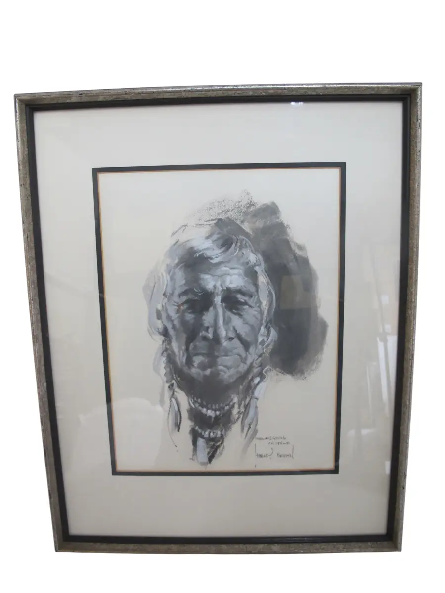 HARLEY BROWN Framed Charcoal SHOWANEGSHIG CHIPPEWA Native Portrait