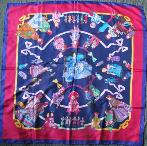 Hermes Paris Carre 90 Hello Dolly Dolls Print Blue Pink 100% Silk Scarf, photo 1 of 12