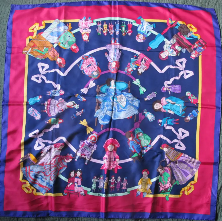 HERMES Paris Carre 90 HELLO DOLLY Dolls Print Blue Pink 100% Silk Scarf