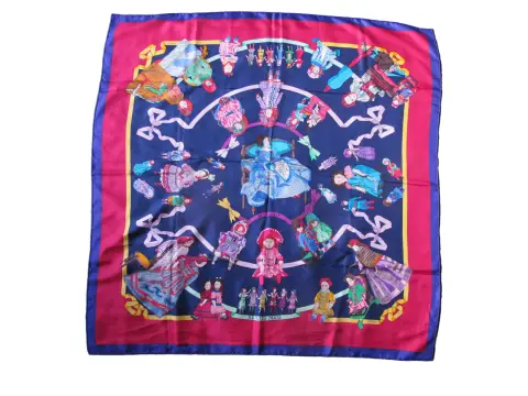 Hermes Paris Carre 90 Hello Dolly Dolls Print Blue Pink 100% Silk Scarf, photo 2 of 12