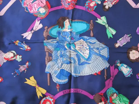 Hermes Paris Carre 90 Hello Dolly Dolls Print Blue Pink 100% Silk Scarf, photo 3 of 12