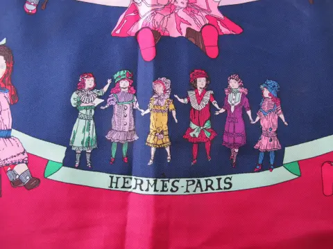 Hermes Paris Carre 90 Hello Dolly Dolls Print Blue Pink 100% Silk Scarf, photo 4 of 12