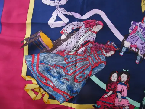Hermes Paris Carre 90 Hello Dolly Dolls Print Blue Pink 100% Silk Scarf, photo 6 of 12