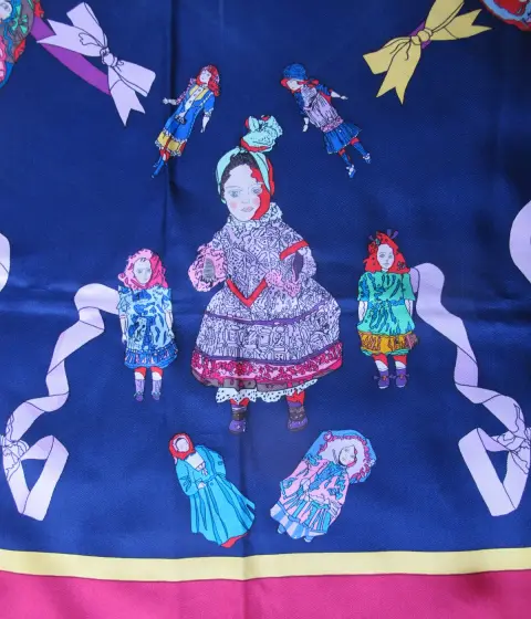 Hermes Paris Carre 90 Hello Dolly Dolls Print Blue Pink 100% Silk Scarf, photo 7 of 12