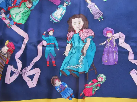 Hermes Paris Carre 90 Hello Dolly Dolls Print Blue Pink 100% Silk Scarf, photo 8 of 12