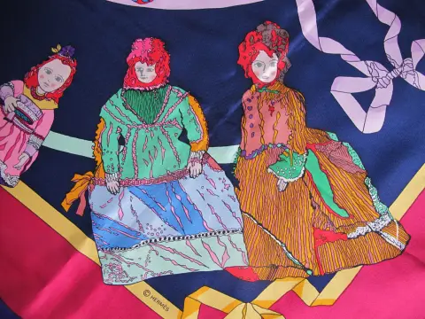 Hermes Paris Carre 90 Hello Dolly Dolls Print Blue Pink 100% Silk Scarf, photo 10 of 12