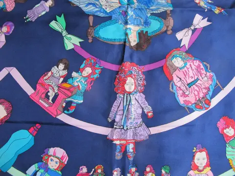 Hermes Paris Carre 90 Hello Dolly Dolls Print Blue Pink 100% Silk Scarf, photo 11 of 12