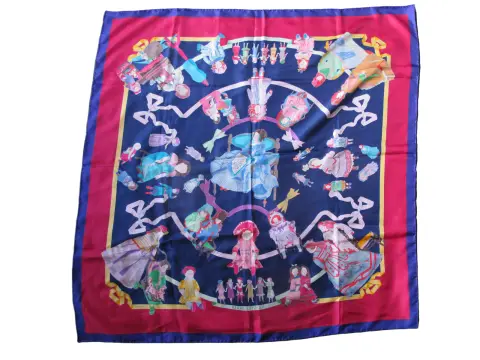 Hermes Paris Carre 90 Hello Dolly Dolls Print Blue Pink 100% Silk Scarf, photo 12 of 12