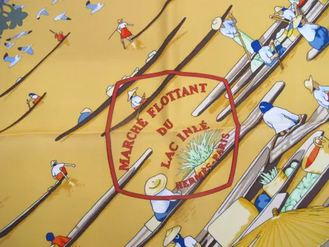 Hermes Paris Carre 90 Marché Flottant Du Lac Inlé Burma Market Silk Scarf W/Box, photo 3 of 12