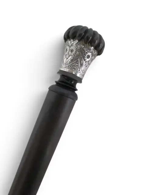 Horn & Sterling Silver Repousse Flower Corkscrew Gadget Walking Stick Cane, photo 1 of 12