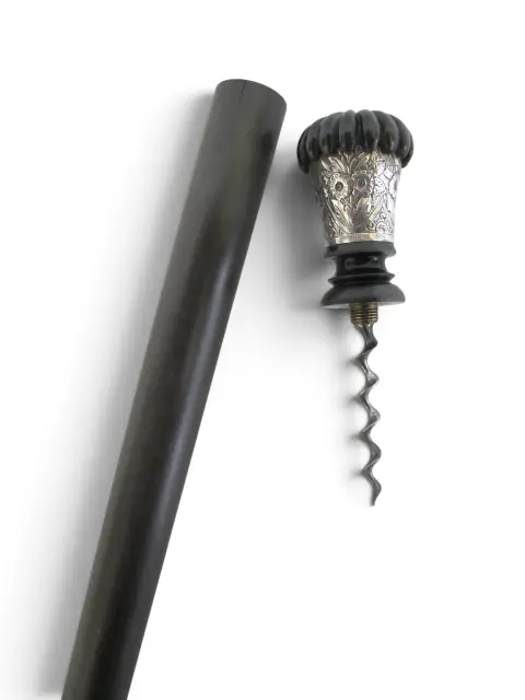 Horn & Sterling Silver Repousse Flower Corkscrew Gadget Walking Stick Cane, photo 2 of 12