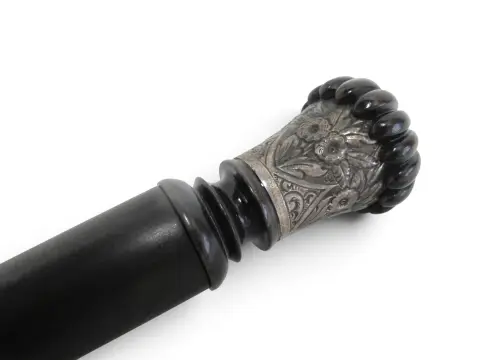 Horn & Sterling Silver Repousse Flower Corkscrew Gadget Walking Stick Cane, photo 3 of 12