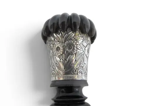 Horn & Sterling Silver Repousse Flower Corkscrew Gadget Walking Stick Cane, photo 5 of 12
