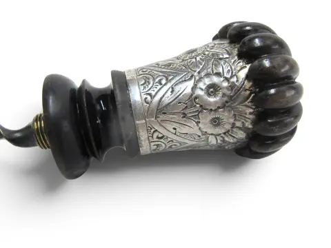 Horn & Sterling Silver Repousse Flower Corkscrew Gadget Walking Stick Cane, photo 6 of 12
