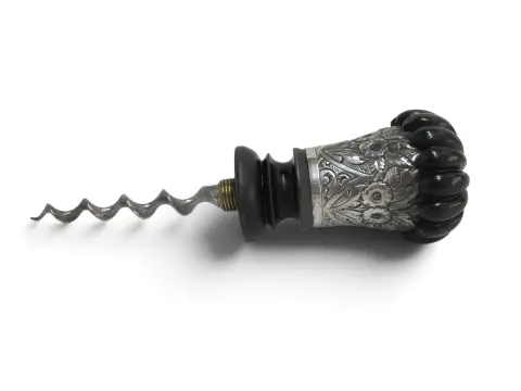 Horn & Sterling Silver Repousse Flower Corkscrew Gadget Walking Stick Cane, photo 7 of 12